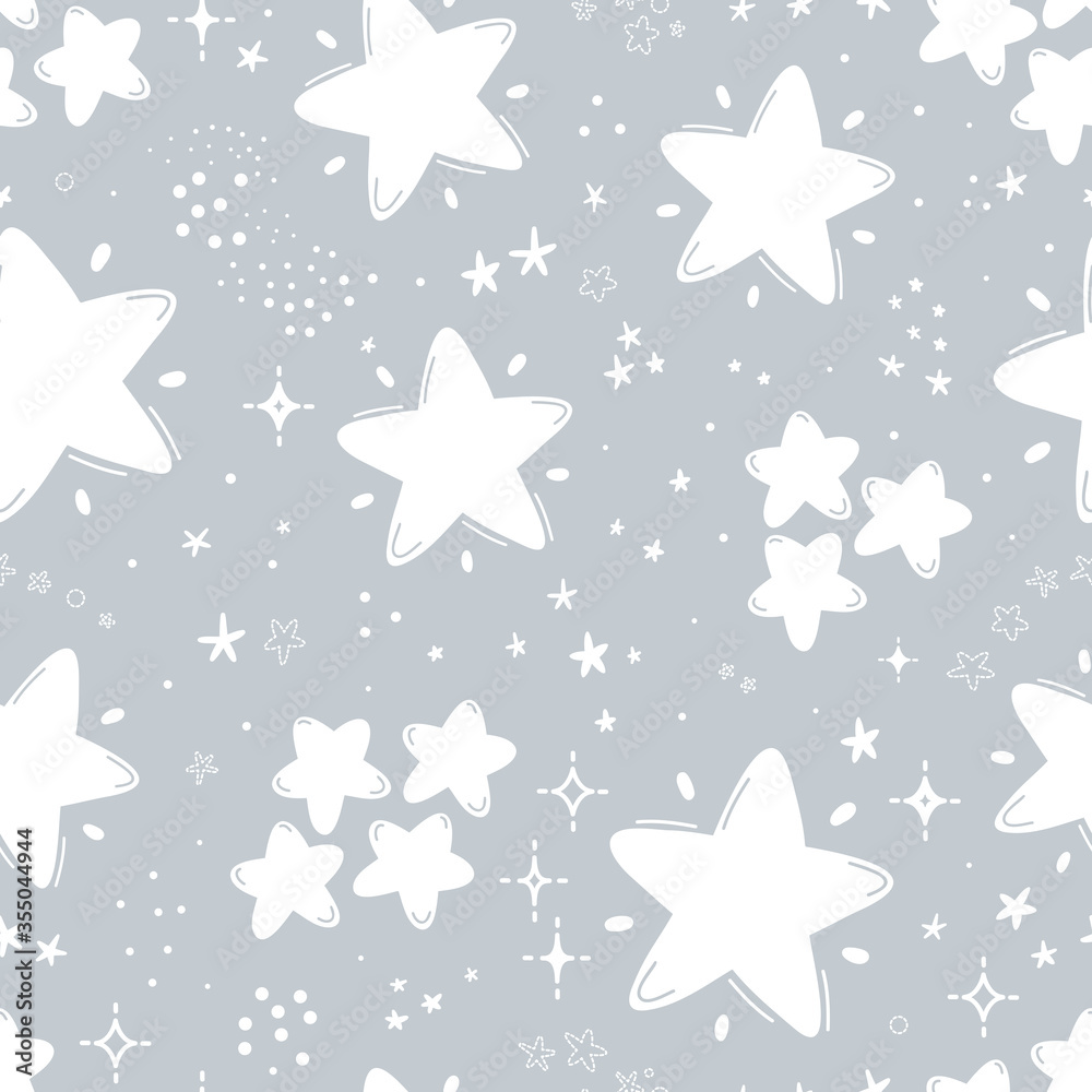 Space Seamless Pattern. Cute Starry Sky. Doodle White Stars on Gray Background. Festive Star Wallpaper. Vector Holiday and Birthday Party Design
Space Seamless Pattern. Cute Starry Sky. Doodle White Stars on Gray Background. Festive Star Wallpaper. Vector Holiday and Birthday Party Design