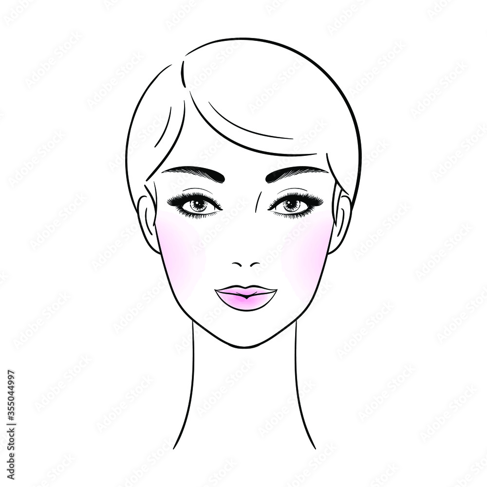 Beautiful woman face with makeup and short hair. Line illustration. The head of a girl. Logo. Vector Stock illustration isolated on white background. Beautiful woman face with makeup and short hair. Line illustration. The head of a girl. Logo. Vector Stock illustration isolated on white background.
