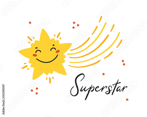 Doodle Shooting Star. Yellow Cute Kawaii Falling Stars. "Superstar" Greeting Card for Kids. T-shirt Print, Poster for Nursery, Baby Shower, Holiday or Birthday Party Design 