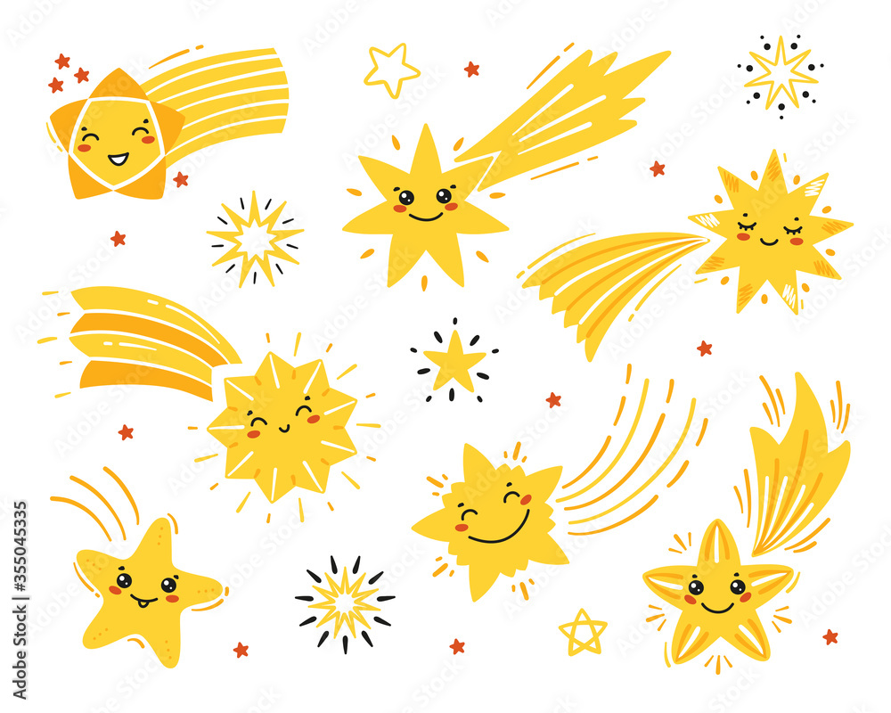 Vector Set of Little Cute Falling Stars. Doodle Different Shooting Star Icons. Cartoon Comets Collection for Holiday or Birthday Party Design. Kawaii Characters for Kids

