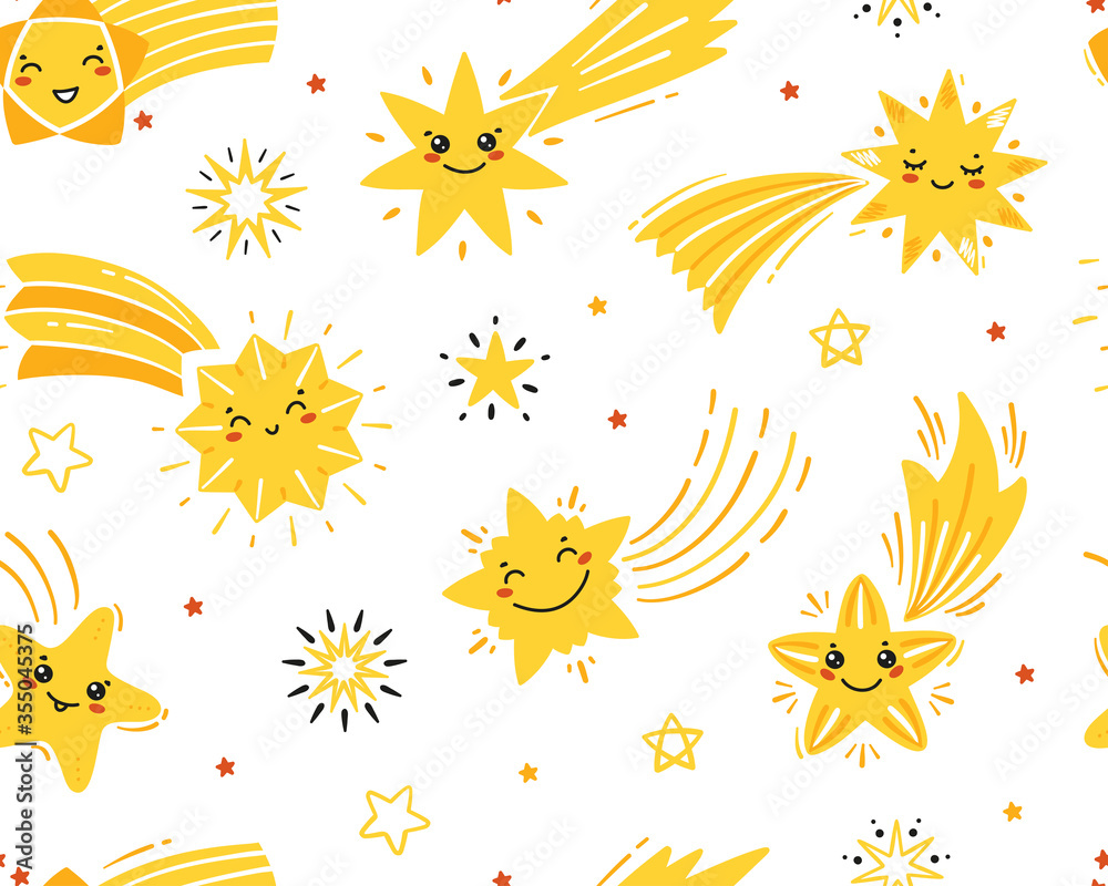 Little Cute Falling Stars Vector Seamless Pattern. Starry Sky Background of Doodle Different Shooting Star Kawaii Characters. Festive Stars Wallpaper. Holiday and Birthday Party Design
