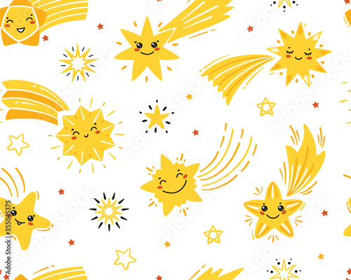Little Cute Falling Stars Vector Seamless Pattern. Starry Sky Background of Doodle Different Shooting Star Kawaii Characters. Festive Stars Wallpaper. Holiday and Birthday Party Design 