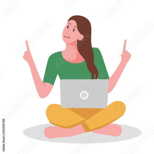 young woman sitting with a laptop happily. businesswoman or entrepreneur character. vector illustration flat design.