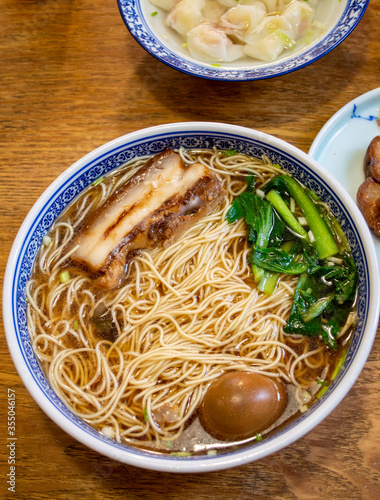 Popular China Suzhou noodle soup with pork, tea egg and vegetable