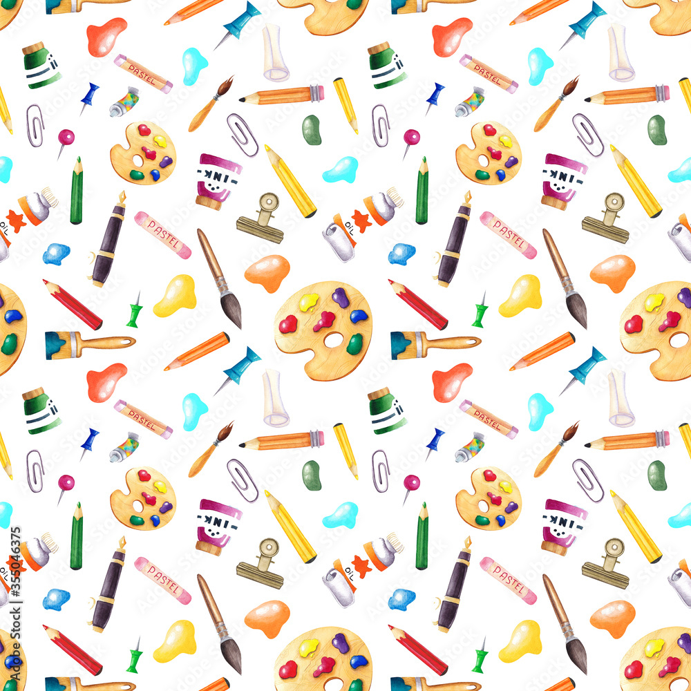 Seamless pattern with hand-drawn watercolor pencils, tube of paint, paper clips, pen, and strokes of paint. Bright colored background with the tools of the artist. Back to school. Stationery.