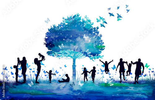 Abstraction Family outdoors. Magical blue tree with butterflies. Vector illustration