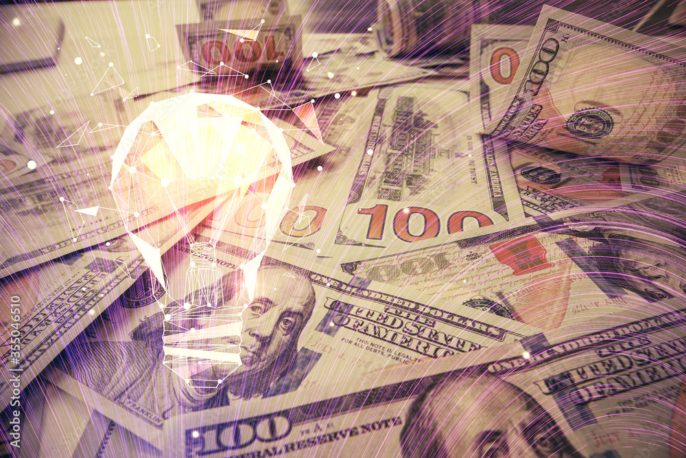 Double exposure of light bulb drawing over usa dollars bill background. Concept of idea. Double exposure of light bulb drawing over usa dollars bill background. Concept of idea.