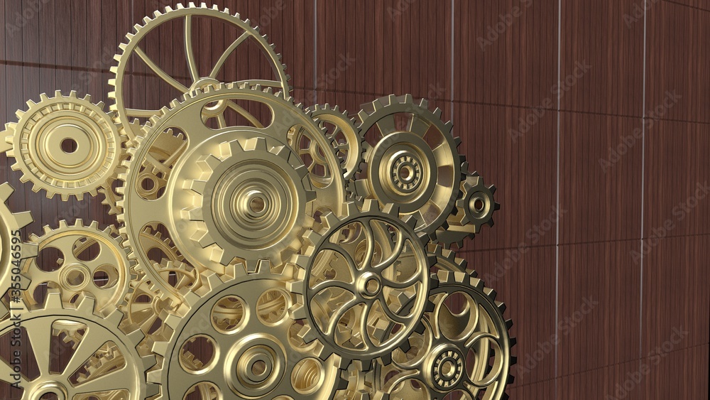 Mechanism gold gears and cogs at work on dark blown wood plate background. Industrial machinery. 3D illustration. 3D high quality rendering.
