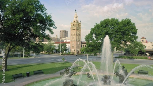 Aerial: J C Nichols Memorial Fountain in Country Club Plaza. Kansas City, Missouri, USA photo