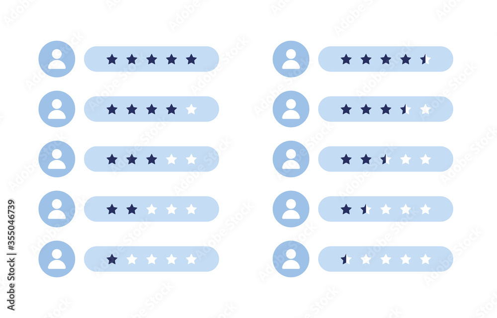 Vector illustration of ratings. Set 1, 2, 3, 4, 5 stars. Rating for users, buyers, sellers. Good and bad grades. Icons for business, web and applications. Icon profile. Blue and White. Eps 10 Vector illustration of ratings. Set 1, 2, 3, 4, 5 stars. Rating for users, buyers, sellers. Good and bad grades. Icons for business, web and applications. Icon profile. Blue and White. Eps 10