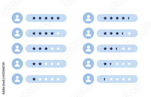 Vector illustration of ratings. Set 1, 2, 3, 4, 5 stars. Rating for users, buyers, sellers. Good and bad grades. Icons for business, web and applications. Icon profile. Blue and White. Eps 10