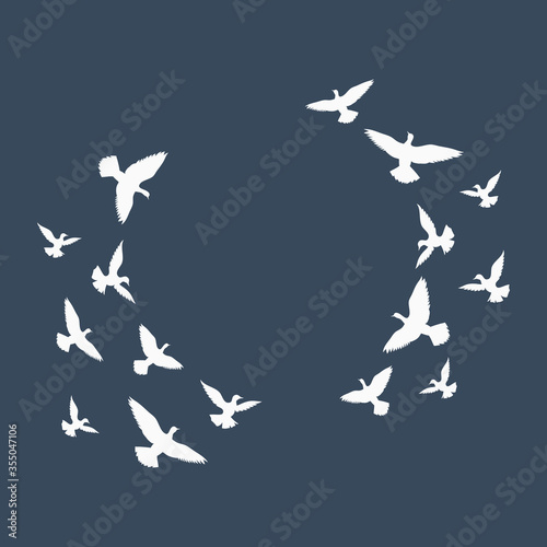 A flock of flying birds. Hand drawing vector illustration set on dark blue background.