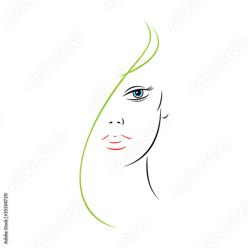 Half woman face with unusual eyes. Recolorable shape isolated from background. Vector illustration is a graphic element for artistic design.