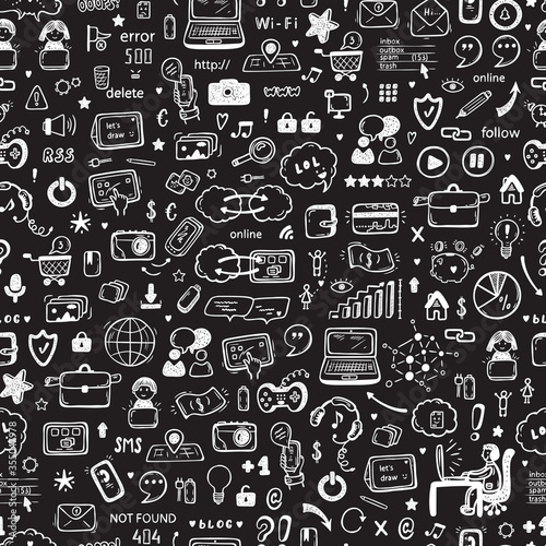 Internet of Things Background. Hand drawn Doodle Cloud Computing Technology and Social Media Icons Vector Seamless pattern 