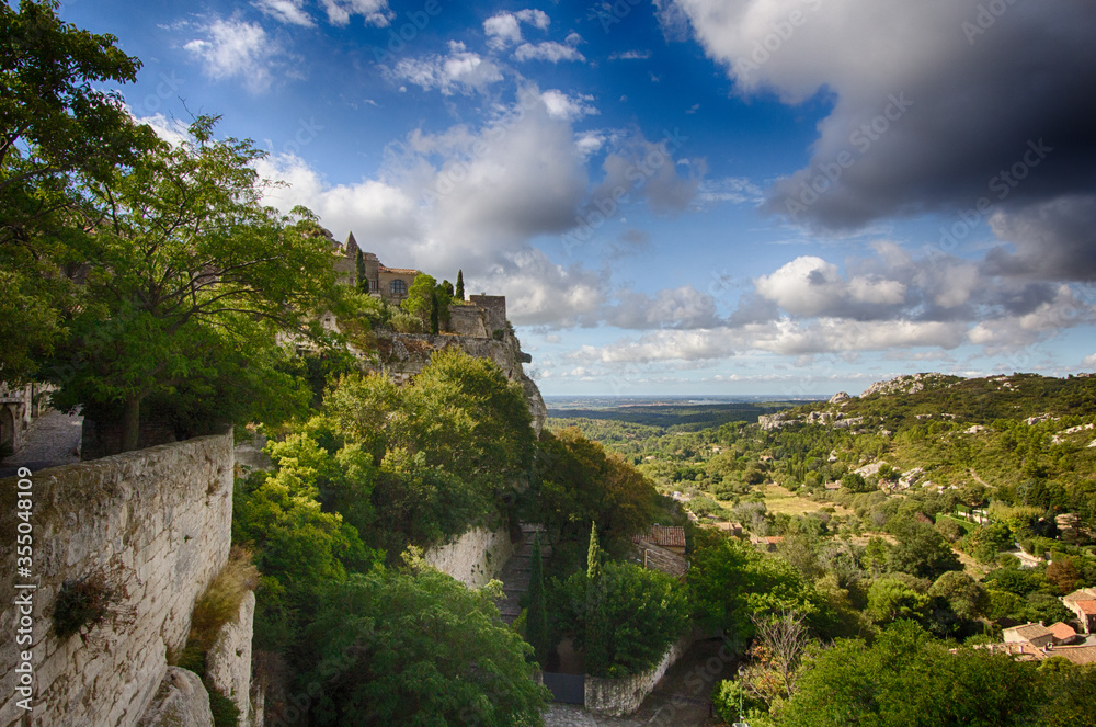 Les Baux-de-Provence, France - 9/15/2016: A landscape view from Les Baux of the scenic countryside of Provence.
