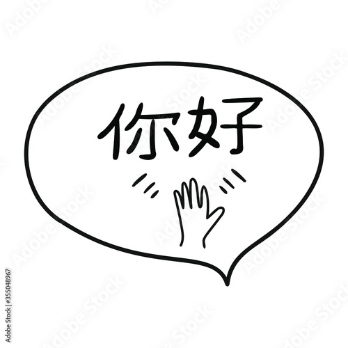 Chinese language word means hi. Waving hand sticker element says hello, good day. Vector illustration isolated on white background. Sticker elements with word in cloud nice print for any design. China