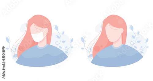 Illustration portrait of a girl in a protective mask from viruses and bacteria. Coronavirus, illness, flu, colds, covid-19. For a website, user, person, avatar. Background of leaves. Blue Pink. Eps 10
