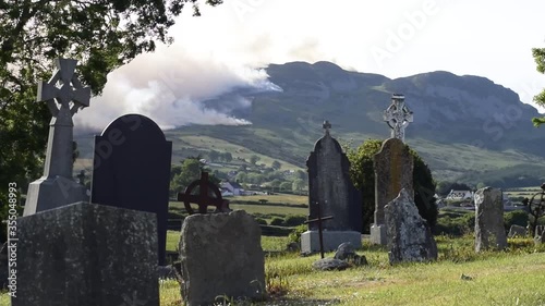 June 2020 Lordship area County Louth Ireland Cooley mountains gorse fire  view from ancient graveyard 