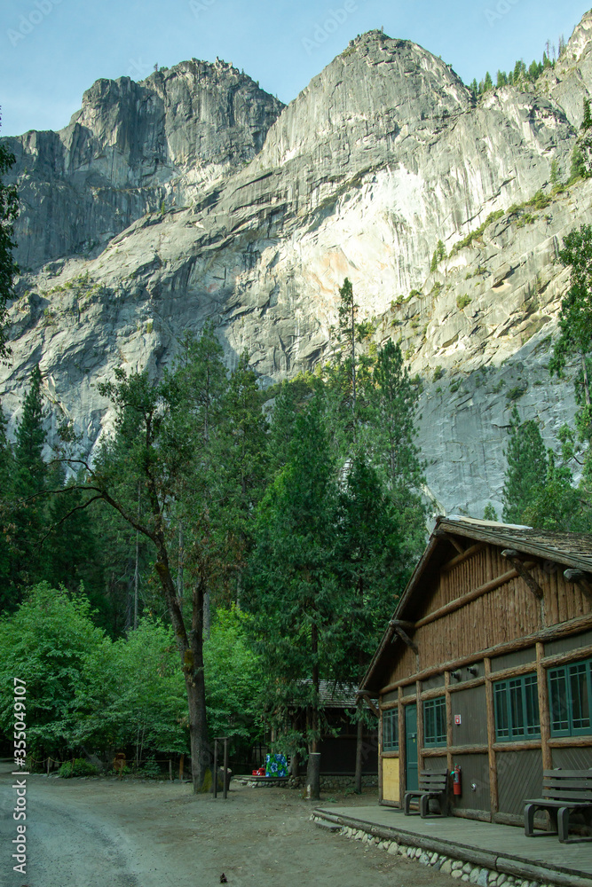 Yosemite National Park, CA / Aug. 22, 2019: a vertical image of a cabin at Curry Village