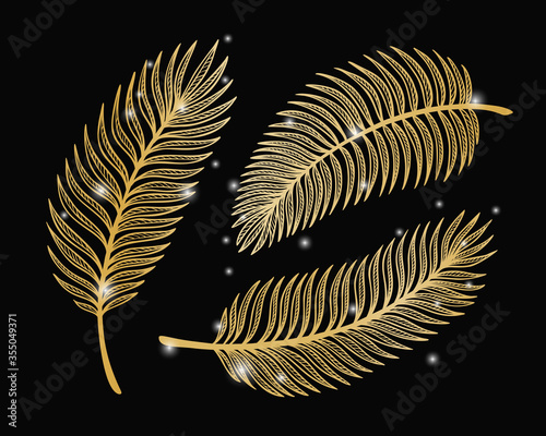 Golden Tropical Palm Tree Leaves Vector Set. Palm Leaf Sketch. Summer Tropical Plants. Floral design
