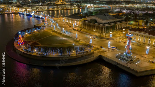 Aerial view of Old Saint Petersburg Stock Exchange and Rostral Columns, St Petersburg, Russia