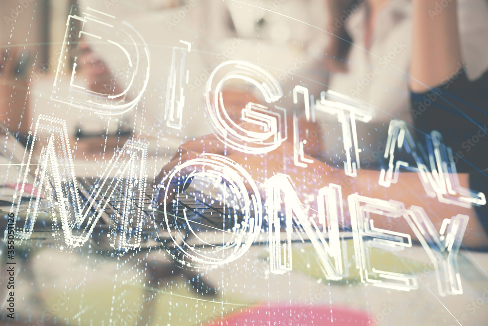 Double exposure of woman hands typing on computer and crypto market theme hologram drawing. Blockchain concept. Double exposure of woman hands typing on computer and crypto market theme hologram drawing. Blockchain concept.
