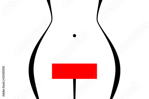 Female figure, woman's hips, red rectangle placed over pubis