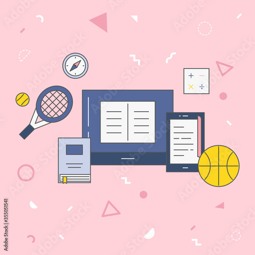 Education vector illustration.  E-book, tennis racket, basketball, calculator on a pink background.
