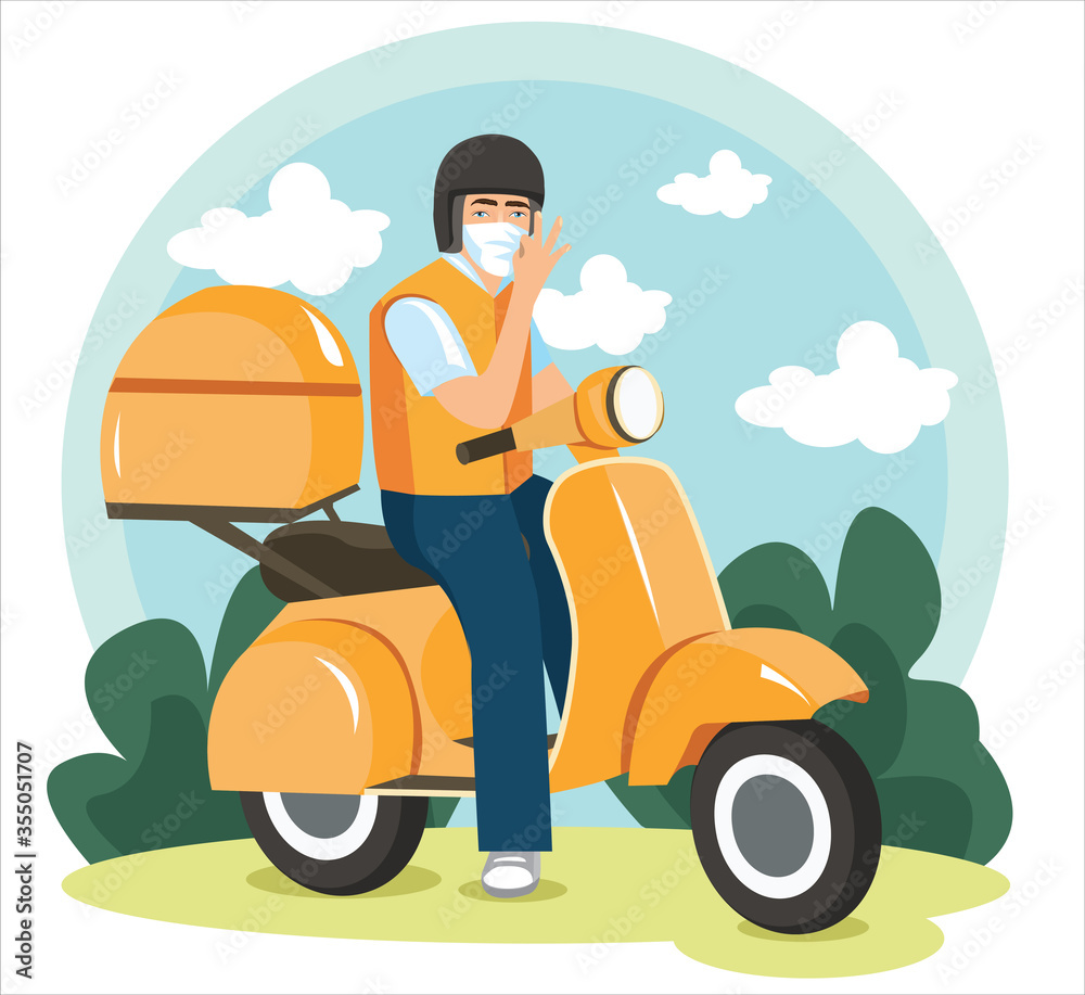 Delivery man with motorcycle, Send order package to customer, Express delivery bike service, Flat design vector illustration.