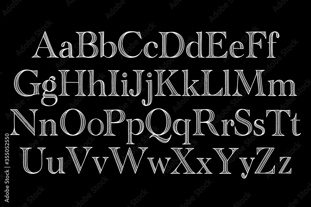 Alphabet majuscule and minuscule A to Z. Hand drawn vector illustration. Letters in write color on black background.