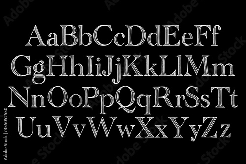 Alphabet majuscule and minuscule A to Z. Hand drawn vector illustration. Letters in write color on black background.
