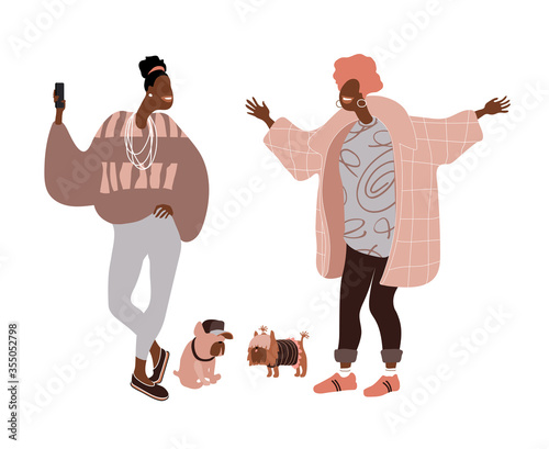 Trendy black Afro-American girlfriends on a walk with their pets take selfies for social media. Cute girls with a dogs. Vector illustration isolated on a white background in a flat & cartoon style.