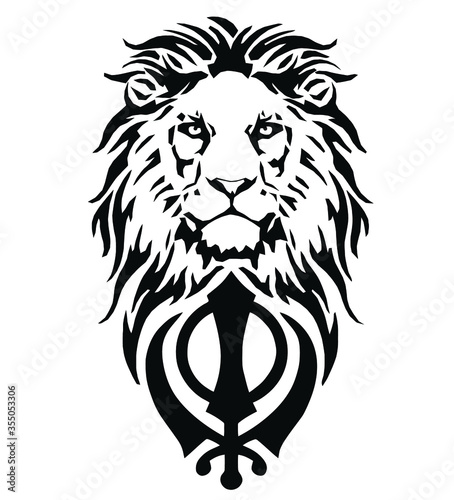The Lion and the most significant symbol of Sikhism - Sign of Khanda, drawing for tattoo, on a white background, vector