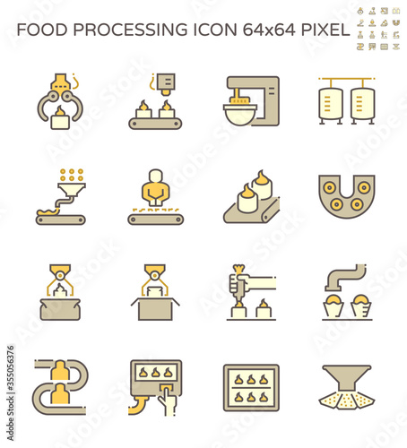 Food processing industry bakery on production line vector icon set design, 64x64 pixel perfect and editable stroke.