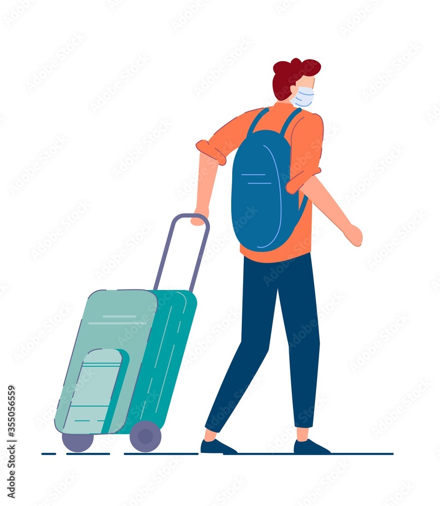 Tourist with luggage. Man tourist in mask carrying backpack, walking and  pulling luggage wheel suitcase during coronavirus pandemic. Traveler  passenger person cartoon character, tourism concept Stock Vector | Adobe  Stock