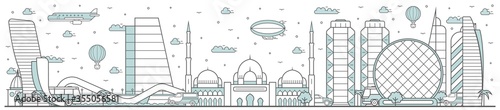 Abu Dhabi skyline. Line cityscape with building landmarks horizontal panorama. Abu Dhabi skyline with Sheikh Zayed Mosque street city sight. Capital city constructions outline, architecture concept