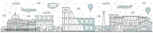 Rome skyline. Line cityscape with famous building landmarks horizontal panorama. Rome skyline with street city sights. Capital city constructions outline, architecture concept