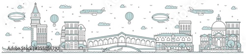 Venice skyline. Line cityscape with famous building landmarks horizontal panorama. Vector skyline with channel bridge and gondolas city sights. Venice city constructions outline, architecture concept.