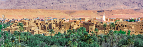 Ait Benhaddou Kasbah, Ait Ben Haddou, Ouarzazate, Morocco. Web banner in panoramic view. photo