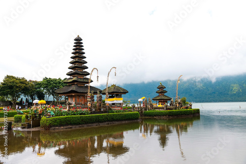 Pura Ulun Danu Bratan  Hindu temple on Bratan lake landscape  one of famous tourist attraction in Bali  Indonesia