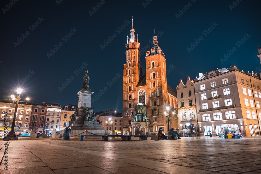 Krakow Old Town with view of St. Mary's Basilica at night