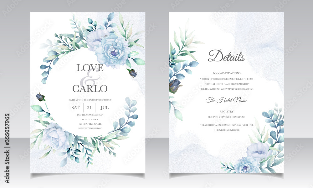 Elegant wedding invitation cards template with watercolor flower and leaves