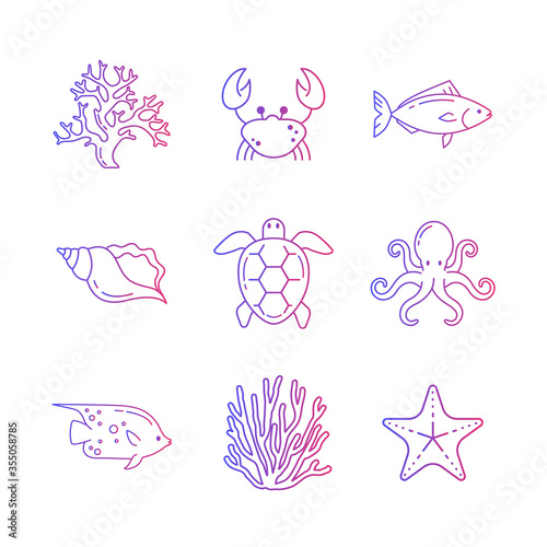 Marine Life Icons Set. White Background