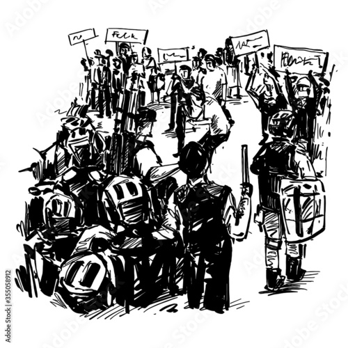 Drawing of the protesters are fighting with police in Hong Kong