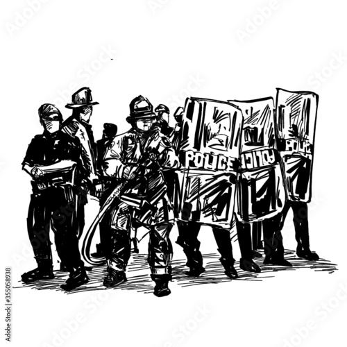 Drawing of the police is protecting from protesters in America 