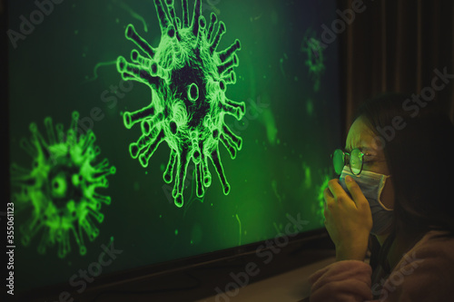 Sick woman with mask quarantine herself at home during covid-19 period, Concept of Covid-19 quarantine at home. Emotional stress and sadden of people at home during covid-19 period.