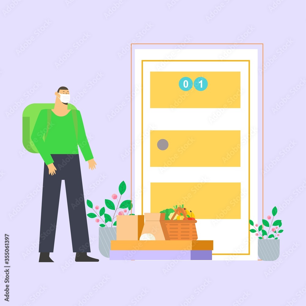 Delivery man, courier or volunteer in a medical mask products from the supermarket to the door to prevent the spread of the corona virus design concept Delivery man, courier or volunteer in a medical mask products from the supermarket to the door to prevent the spread of the corona virus design concept