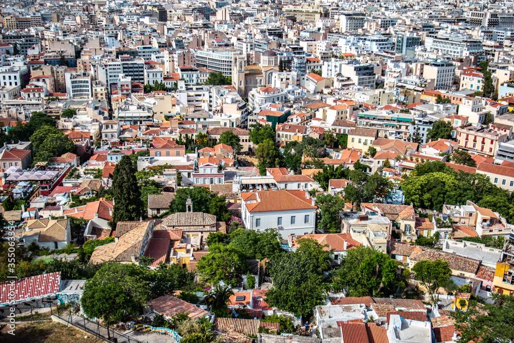 Aerial view of ancient houses in Athens, Greece. 