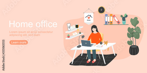 Home office concept. Woman working at home office. Woman sitting at desk in room, Looking at Computer Screen and Talking with Colleagues Online. Hand Drawing Flat style vector illustration