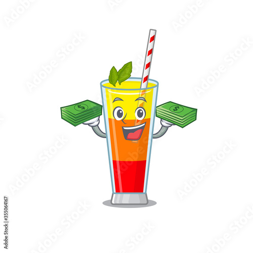 A wealthy tequila sunrise cocktail cartoon character with much money